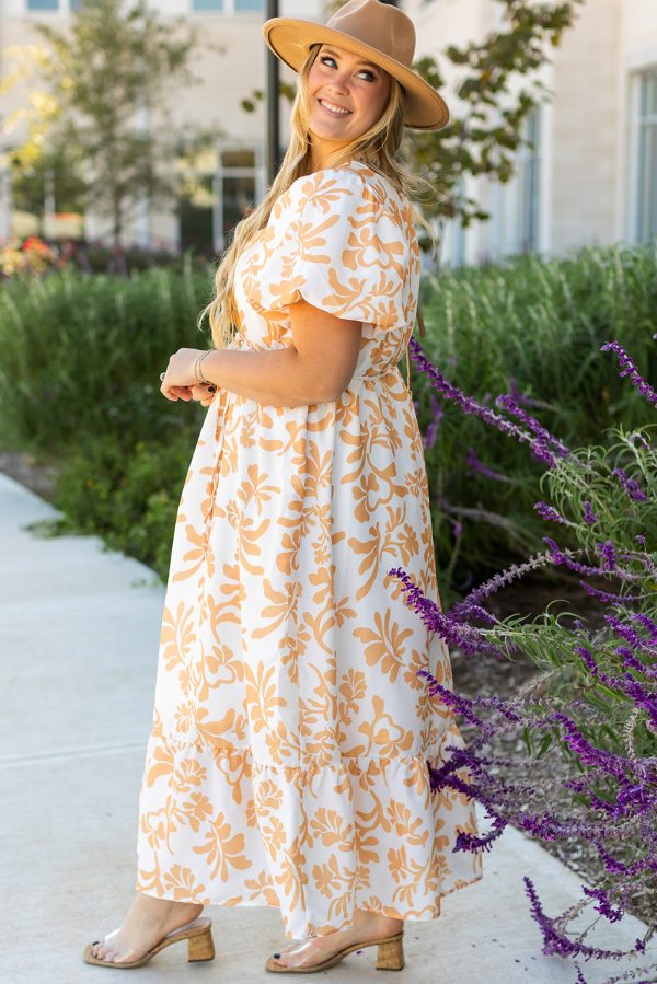 Apricot Floral Print Puff Short Sleeve Resort Plus Size Maxi Dress - Image 3