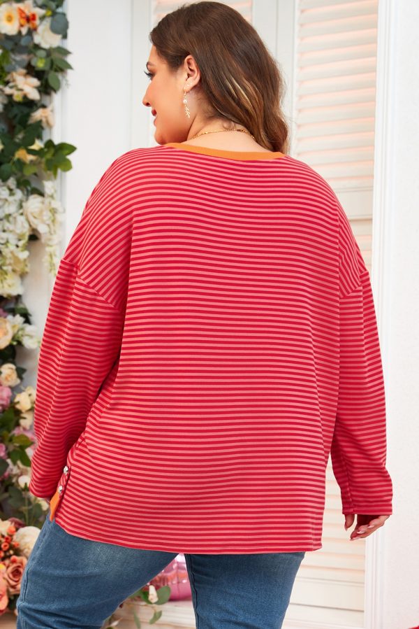 Orange Stripe Plus Size Drop Shoulder Long Sleeve Buttoned Decor Top - Image 2