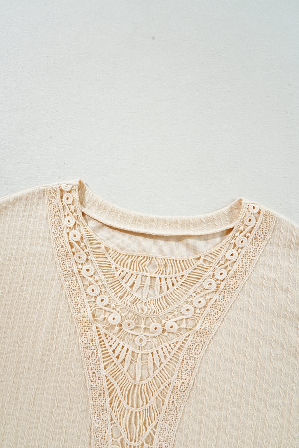 Beige Lace Crochet Patched Cable Textured Cuffed Short Sleeve Plus Size Top - Image 7