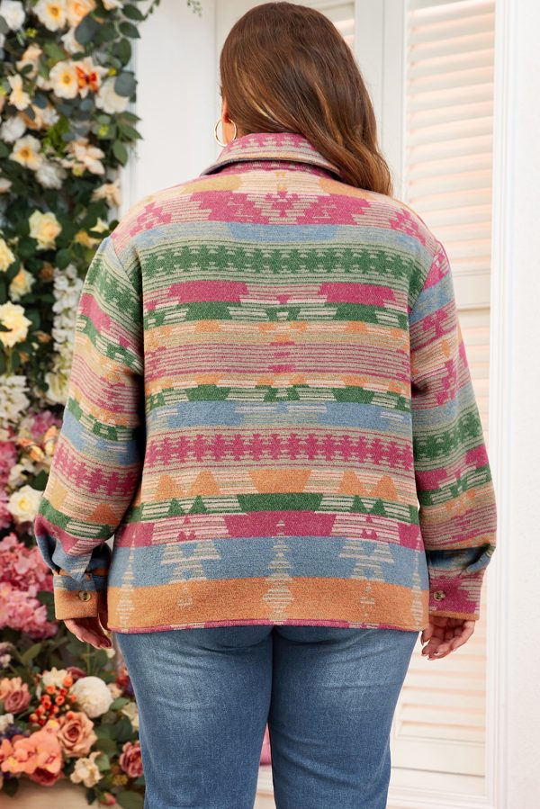 Pink Plus Size Aztec Printed Flap Pocket Shacket - Image 2