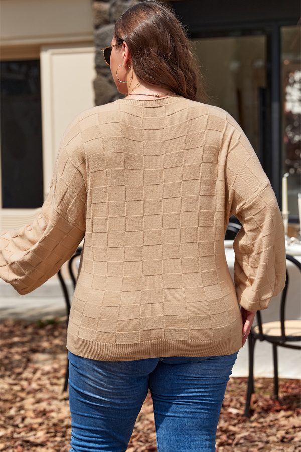 Light French Beige Solid Checkered Textured Knit Plus Size Sweater - Image 2