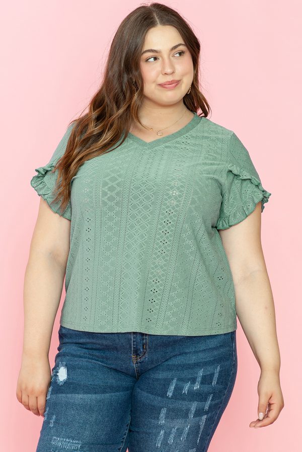 Laurel Green Petal Sleeve Jacquard V Neck Curvy Blouse - Image 3