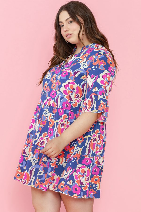 Blue Plus Size Floral Print Ruffled 3/4 Sleeve Mini Dress - Image 2