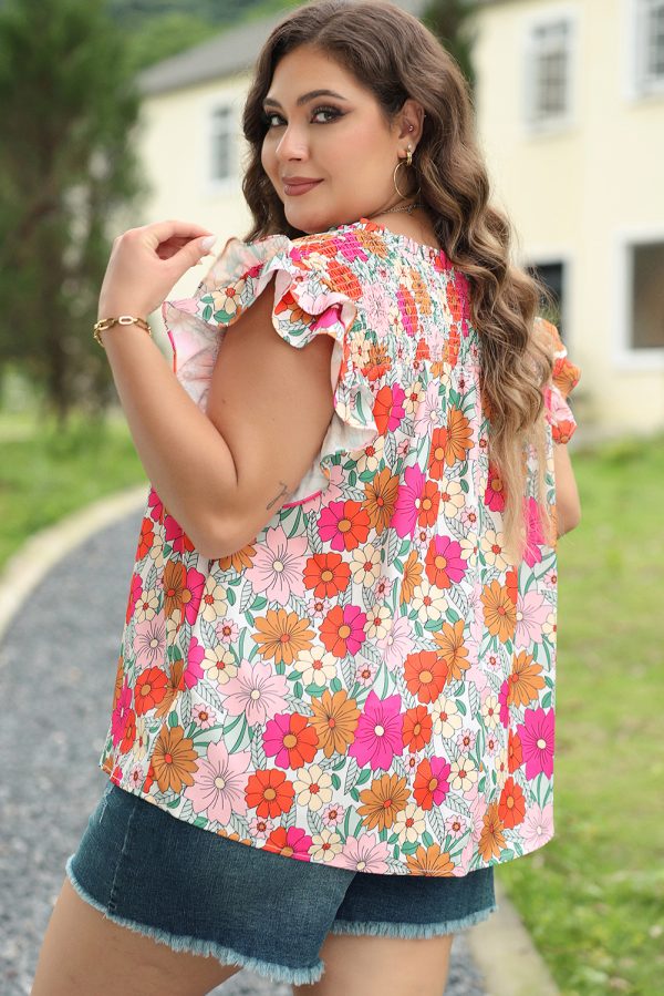 Multicolour Plus Floral Notched Neck Ruffle Sleeve Blouse - Image 2