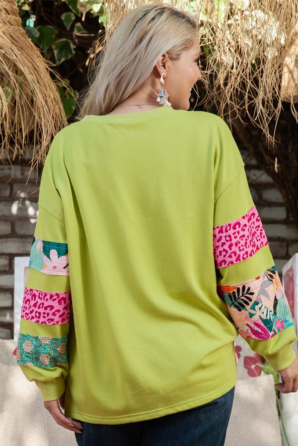 Green Plus Size Printed Patchwork Sleeve Split Sweatshirt - Image 2