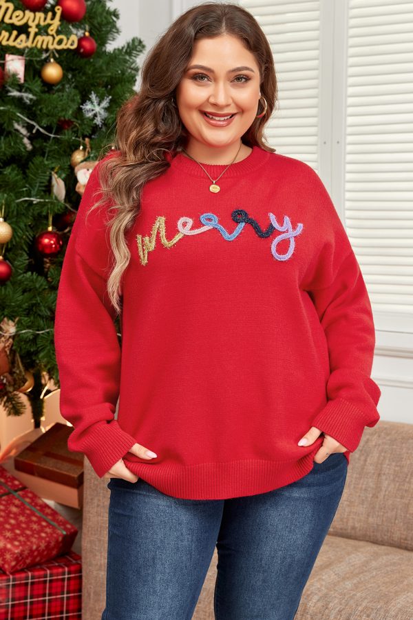 Fiery Red Tinsel merry Pattern Drop Shoulder Plus Size Sweater - Image 3