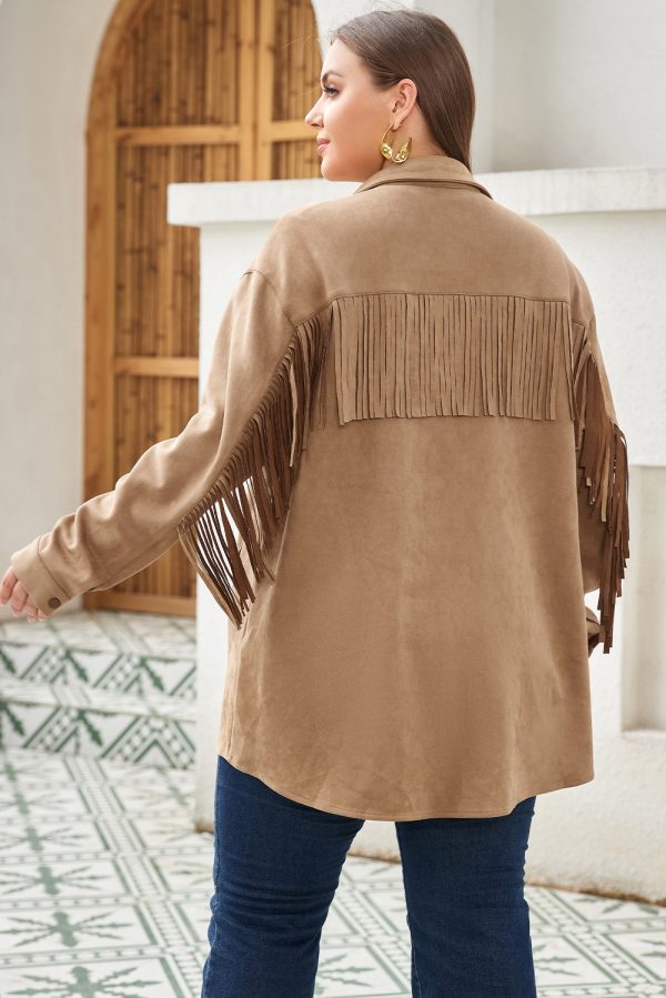 Khaki Fringe Trim Plus Size Suede Shacket - Image 2