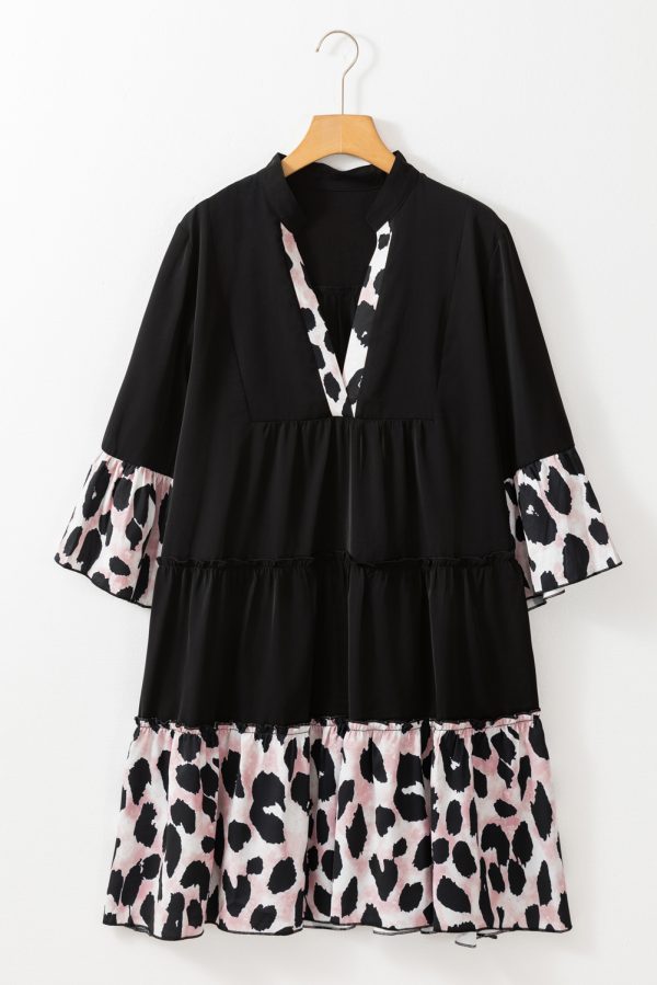 Black Leopard Patchwork Split Neck Ruffle Curvy Dress - Image 3