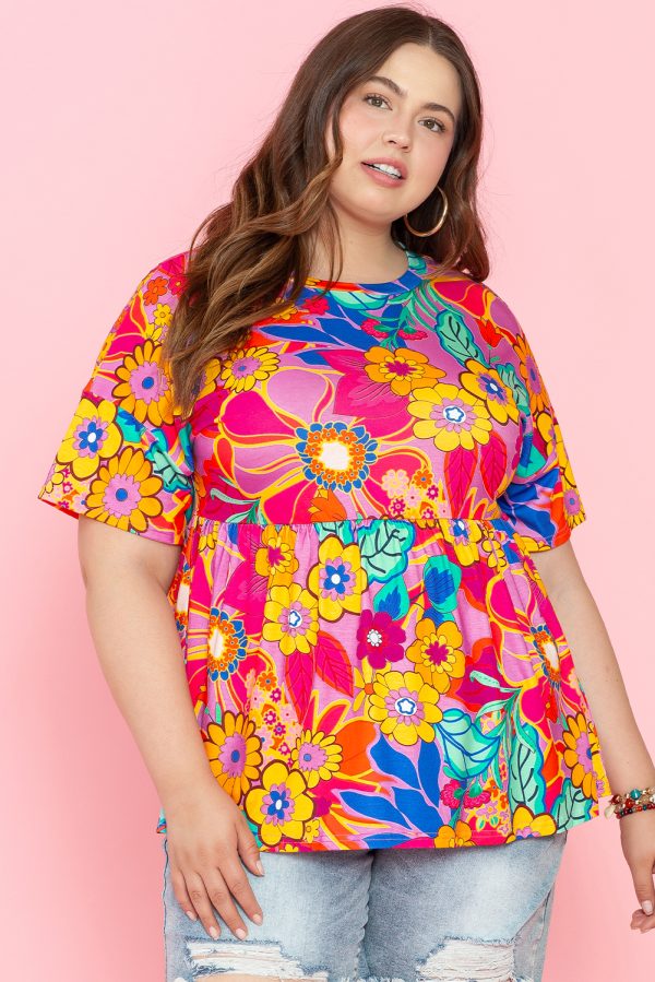 Pink Floral Print Short Sleeve Plus Size Babydoll Blouse - Image 2