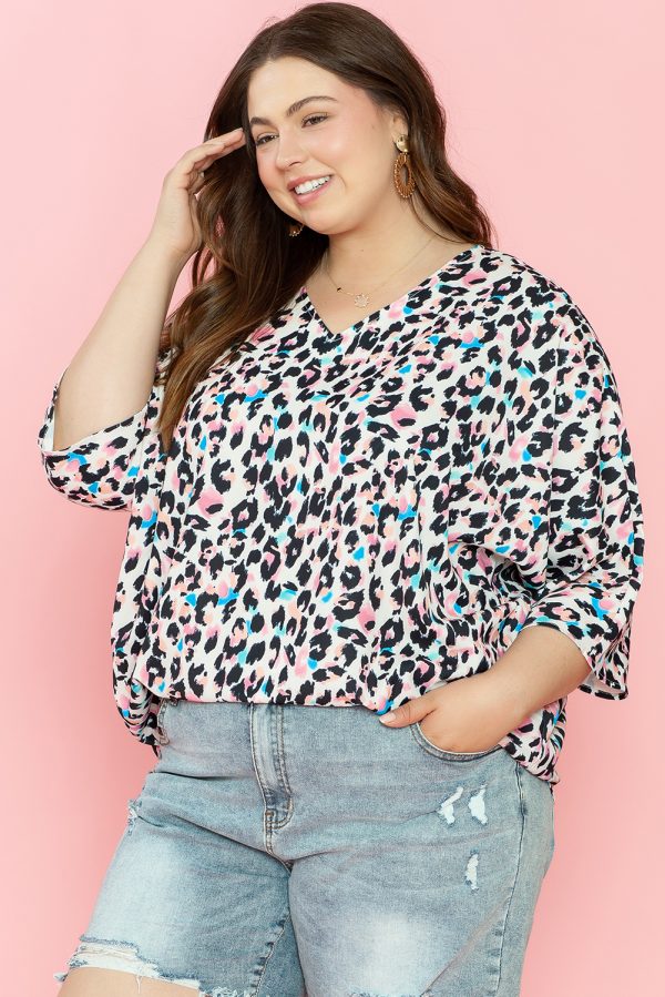 Brown Leopard Print V Neck Batwing Sleeve Plus Size Top - Image 3