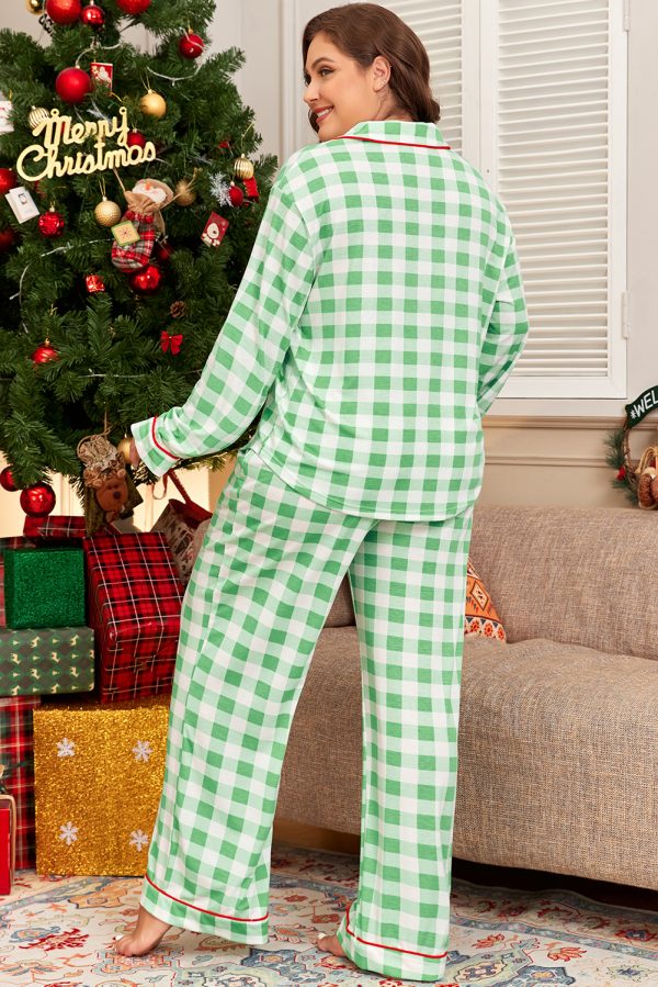 Green Plaid Print Contrast Trim Long Sleeve Plus Size Pajama Set - Image 2