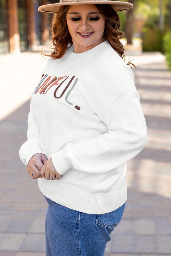 White Plus Size Thankful Ivory Embroidered Sweater - Image 3