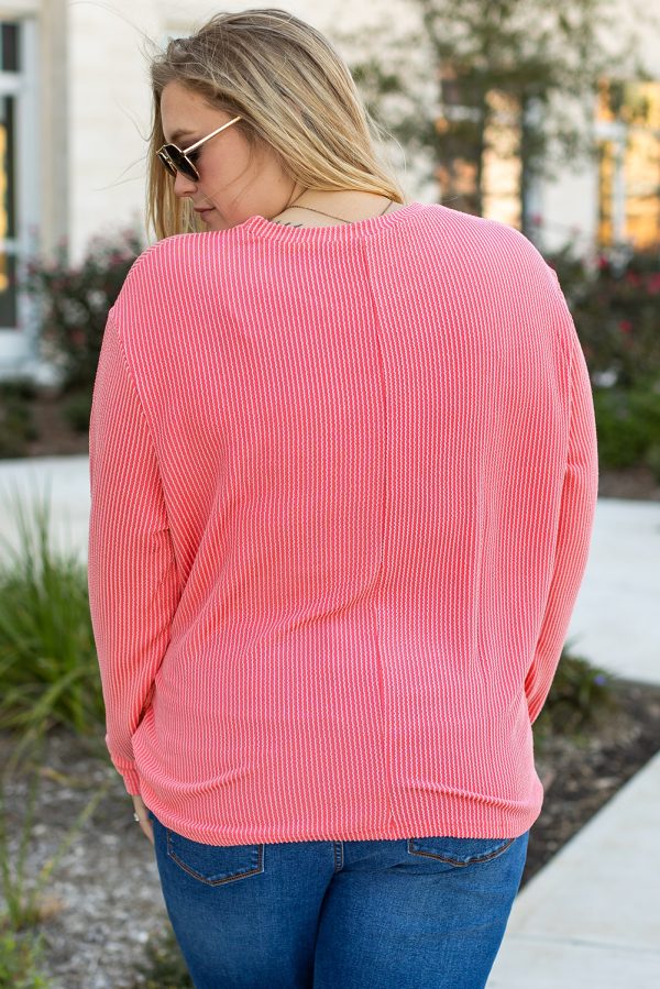 Peach Blossom Plus Size Ribbed Textured Long Sleeve T Shirt - Image 2