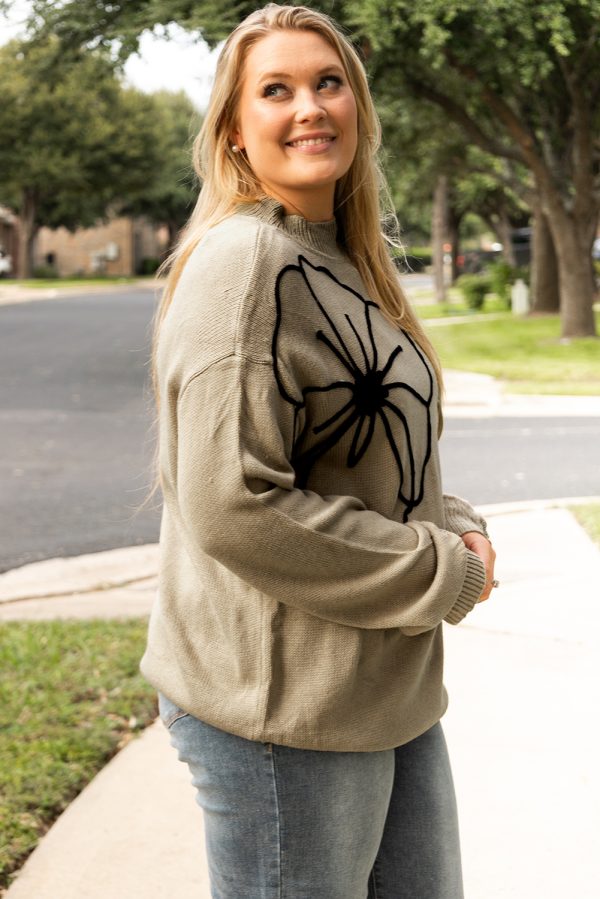 Dark Khaki Plus Size Big Flower Pattern High Neck Drop Shoulder Sweater - Image 3