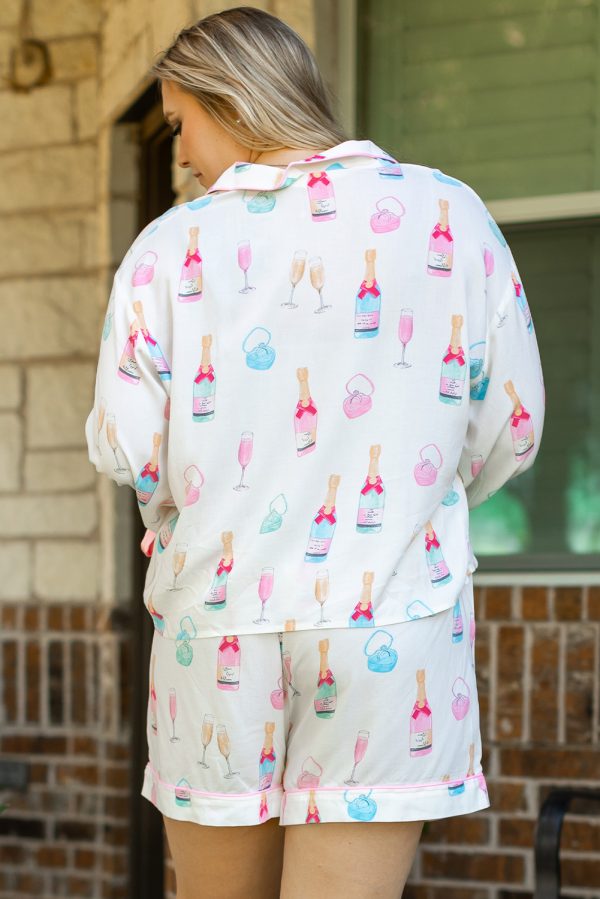 White Plus Size Wine Glass Print Bow Knot Pajama Set - Image 2