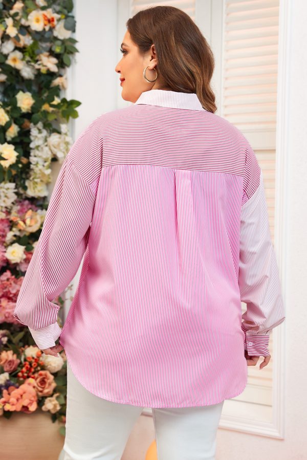 Pink Stripe Print Colorblock Plus Size Shirt - Image 2