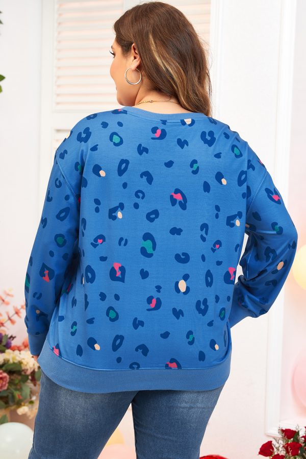 Sky Blue Leopard Ribbed Edge Drop Shoulder Pullover Sweatshirt - Image 2