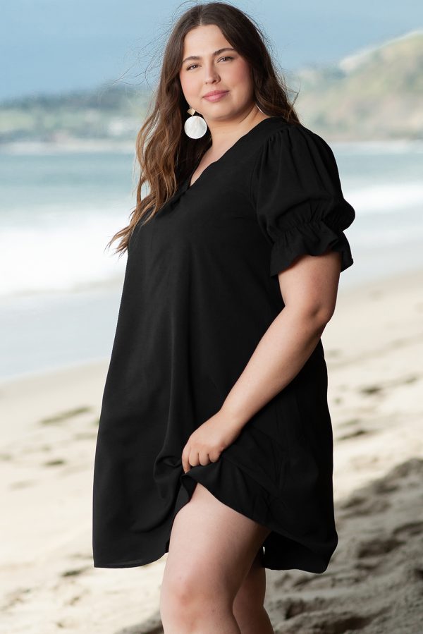 Black Solid Ruffled Puff Sleeve V Neck Plus Size Mini Dress - Image 3