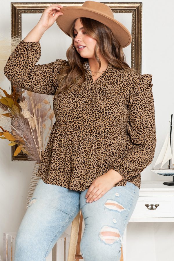 Leopard Frilled Shoulder Decor Plus Size Babydoll Top - Image 3