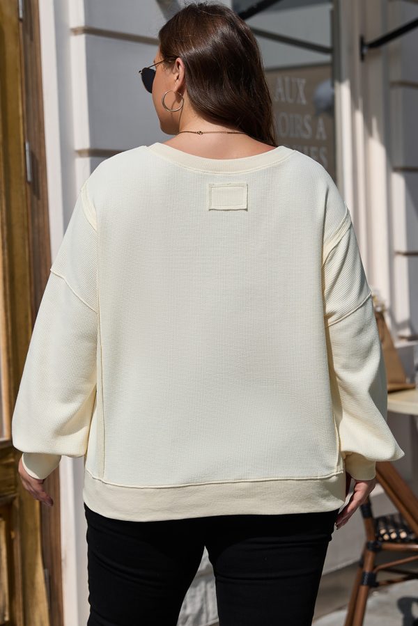 White Solid Color Waffle Knit Drop Shoulder Plus Size Sweatshirt - Image 2