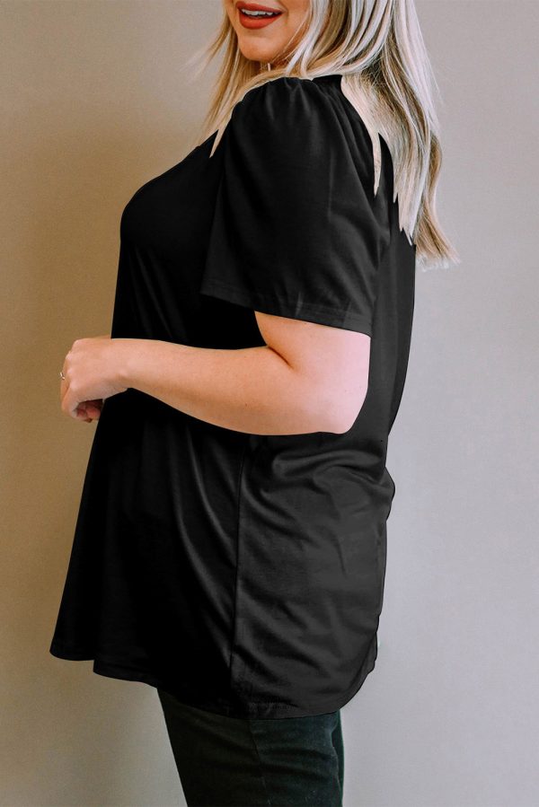 Black Plus Size Square Neck Ruched Shoulder Short Sleeve Top - Image 3