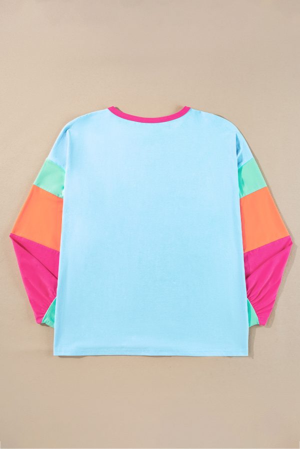 Pink Colorblock Patchwork Long Sleeve Plus Size Top - Image 6