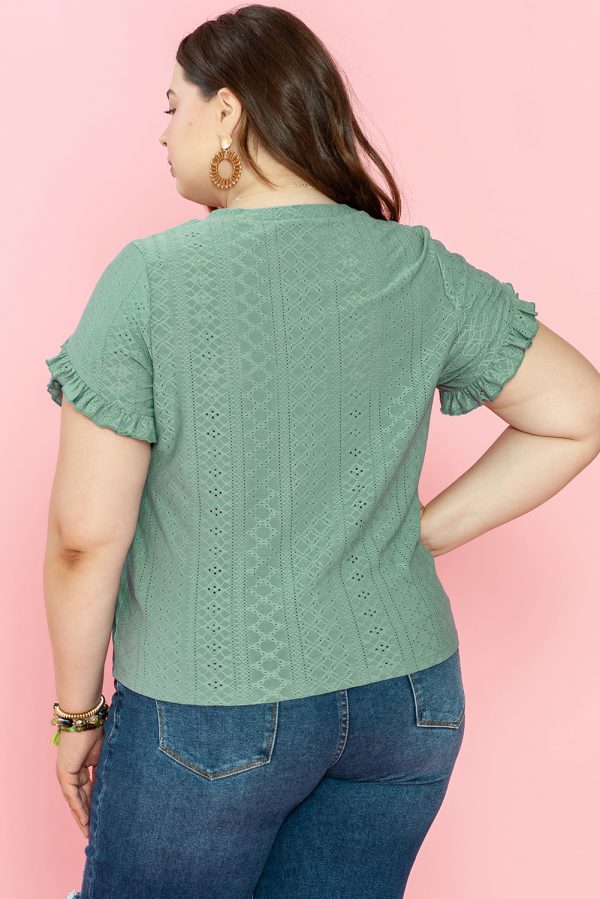 Laurel Green Petal Sleeve Jacquard V Neck Curvy Blouse - Image 2