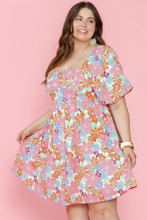 Multicolour Floral Puff Sleeve Square Neck Plus Babydoll Dress - Image 3