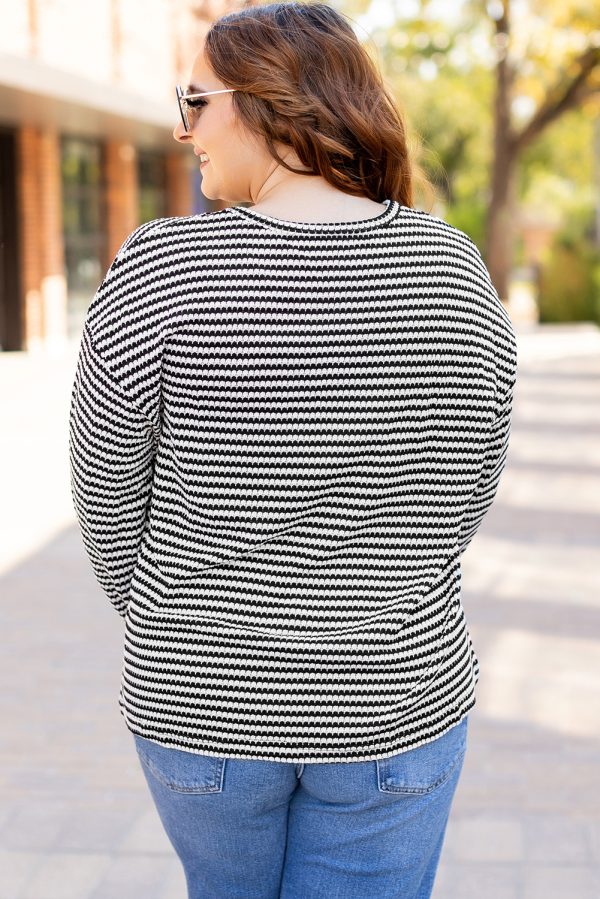 Black Stripe Drop Shoulder Puff Long Sleeve O Neck Plus Size T Shirt - Image 2