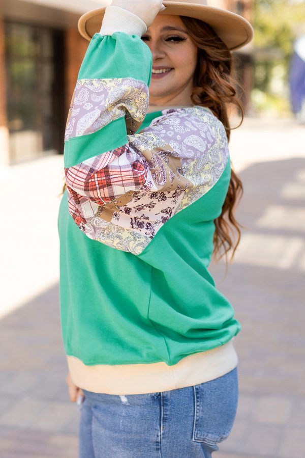 Sky Blue Plus Size Plaid Floral Patchwork Raglan Sleeve Sweatshirt - Image 3