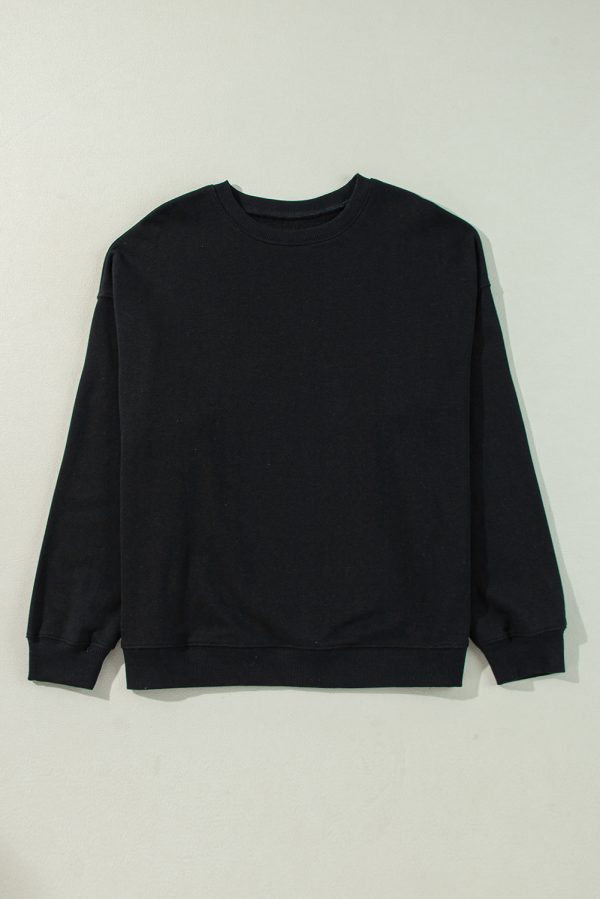 Black Solid Crew Neck Drop Shoulder Plus Size Sweatshirt - Image 3