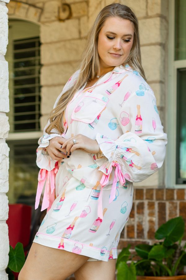 White Plus Size Wine Glass Print Bow Knot Pajama Set - Image 3