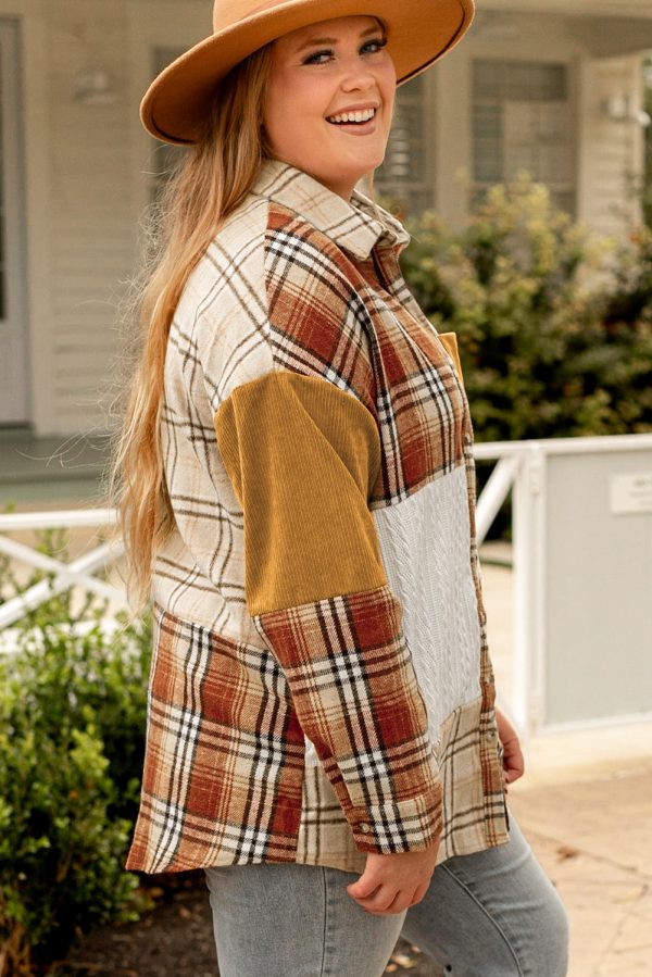 Golden Apricot Plus Size Plaid Patchwork Button up Shacket - Image 3