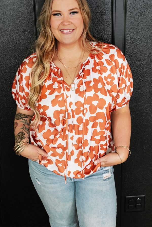 Orange Plus Size Floral Print Drawstring V Neck Short Sleeve Blouse