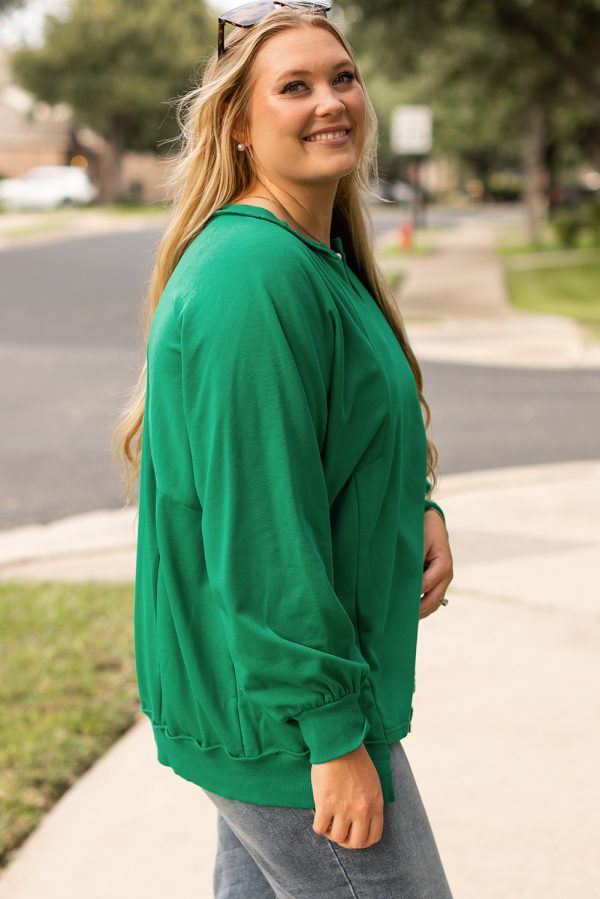 Bright Green Exposed Seam Notched Neck Drop Shoulder Plus Sweatshirt - Image 3