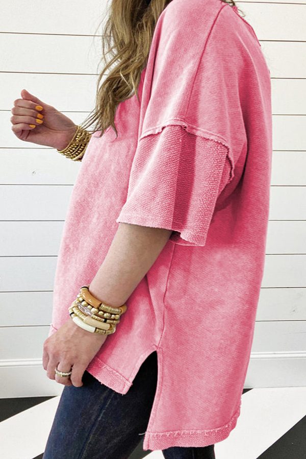 Strawberry Pink Mineral Wash Drop Sleeve Patchwork Plus Tee - Image 2