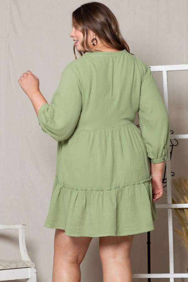 Green Textured Ruffled Buttoned V Neck Plus Size Mini Dress - Image 2