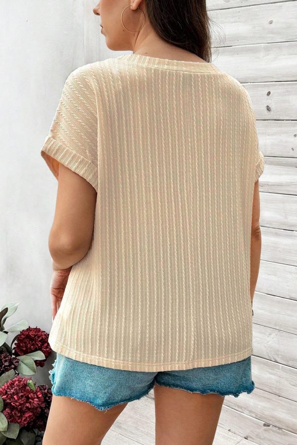 Beige Lace Crochet Patched Cable Textured Cuffed Short Sleeve Plus Size Top - Image 2