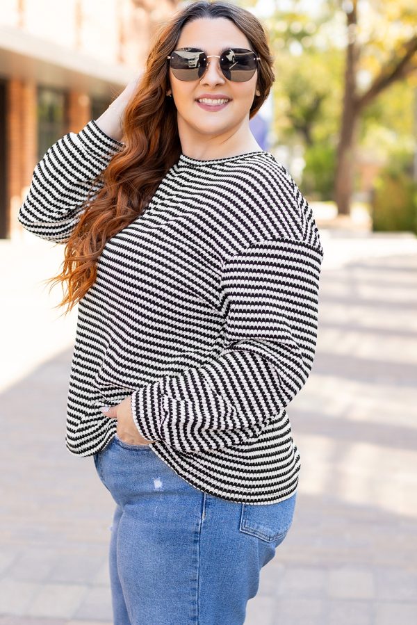 Black Stripe Drop Shoulder Puff Long Sleeve O Neck Plus Size T Shirt - Image 3