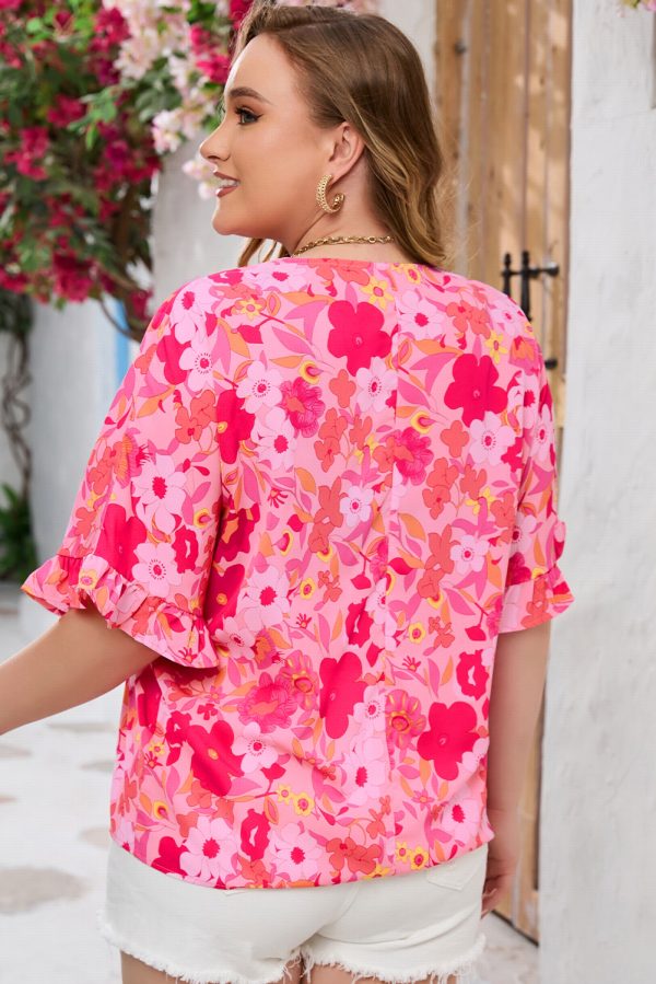 Rose Floral Print Ruffled Half Sleeve Plus Size Babydoll Blouse - Image 2