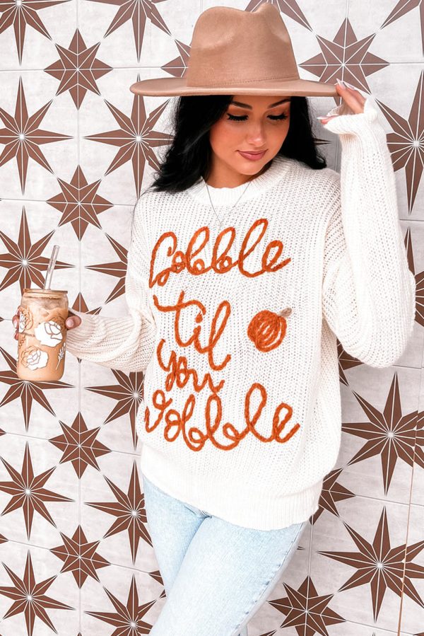 White Gobble Til You Wobble Pop Up Crochet Plus Size Sweater - Image 3