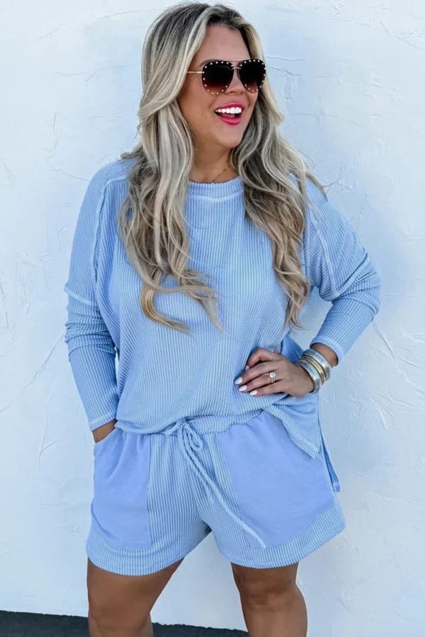 Light Blue Plus Size Ribbed Long Sleeve Top and Drawstring Shorts Set - Image 2