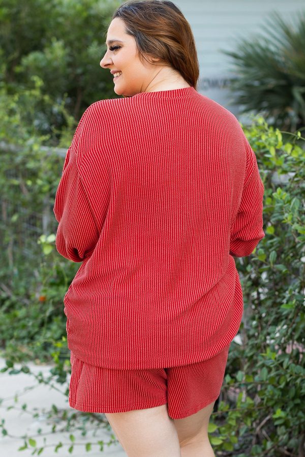 Racing Red MERRY Ribbed Knit Long Sleeve Lace-up Waist Plus Size Set - Image 2