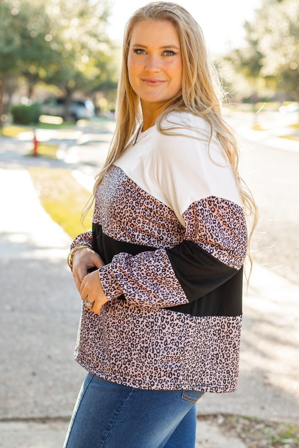 Black Leopard Print Colorblock V Neck Long Sleeve Plus Size Top - Image 3