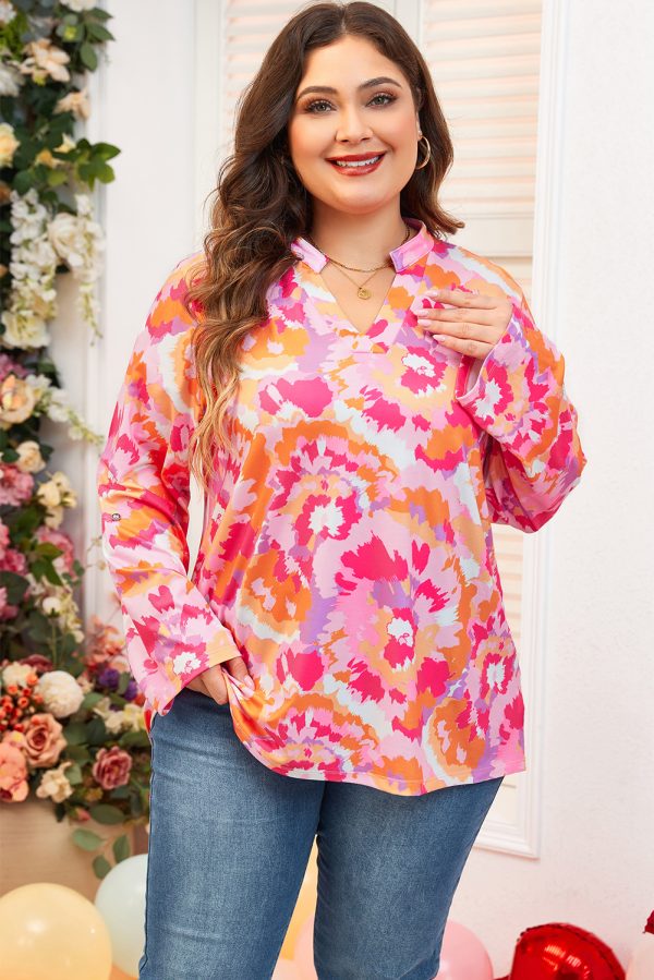 Pink Plus Size Abstract Floral Print V Neck Blouse - Image 3