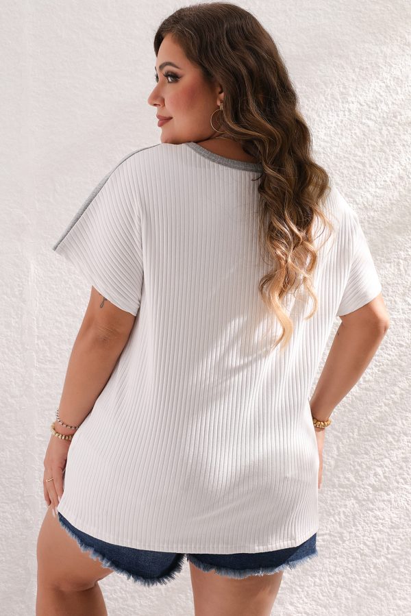 White Colorblock Patchwork Batwing Sleeve Ribbed Plus T Shirt - Image 2