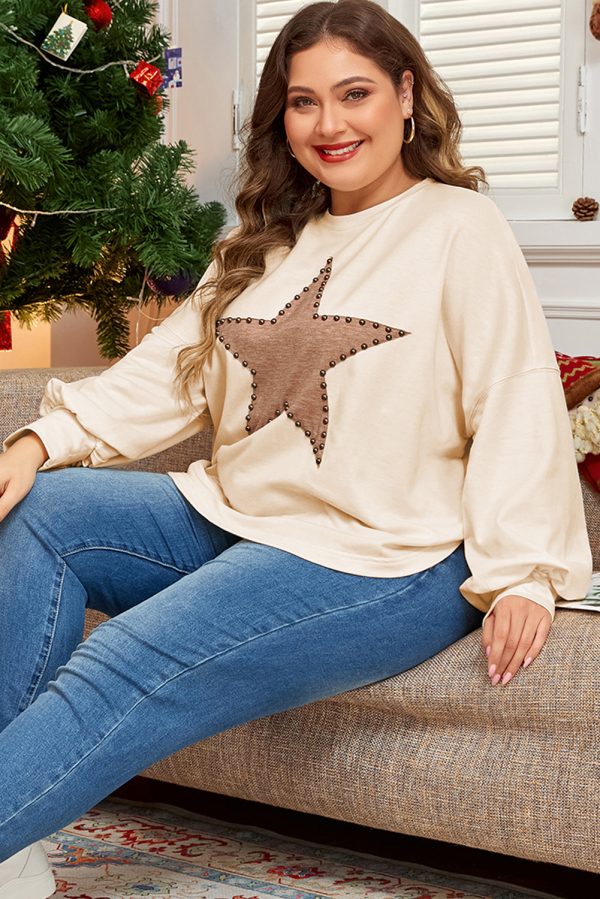 Beige Star Shape Studded Crew Neck Plus Size T Shirt - Image 3