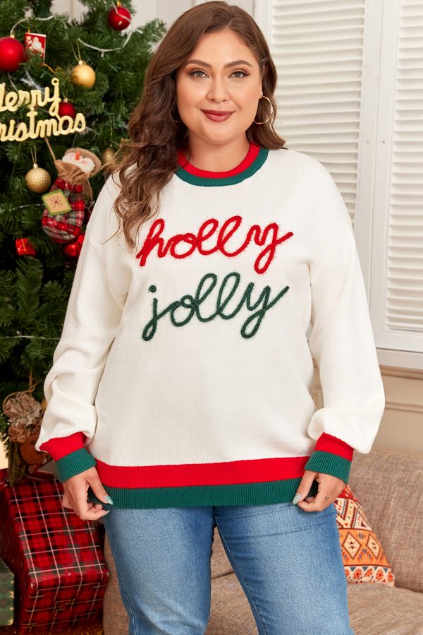 White Tinsel holly jolly Pattern Colorblock Edge Drop Shoulder Plus Size Sweater - Image 3