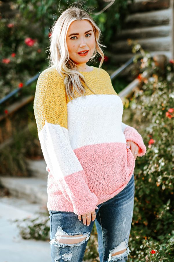 Yellow Colorblock Bubble Sleeve Plus Size Sweater - Image 3