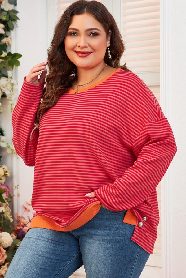 Orange Stripe Plus Size Drop Shoulder Long Sleeve Buttoned Decor Top - Image 3